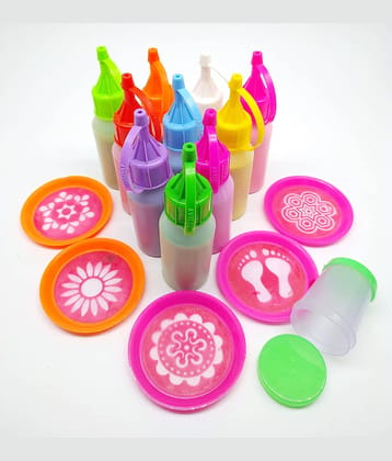 PRANSUNITA Complete Rangoli Making Tool Kit- Includes 10 Bright Rangoli Colour in Comfortable Squeeze Bottle Pack (Total 1000 GMS) – 5 pcs Mini 3-inch Rangoli Channi Stencil & Colour Filler