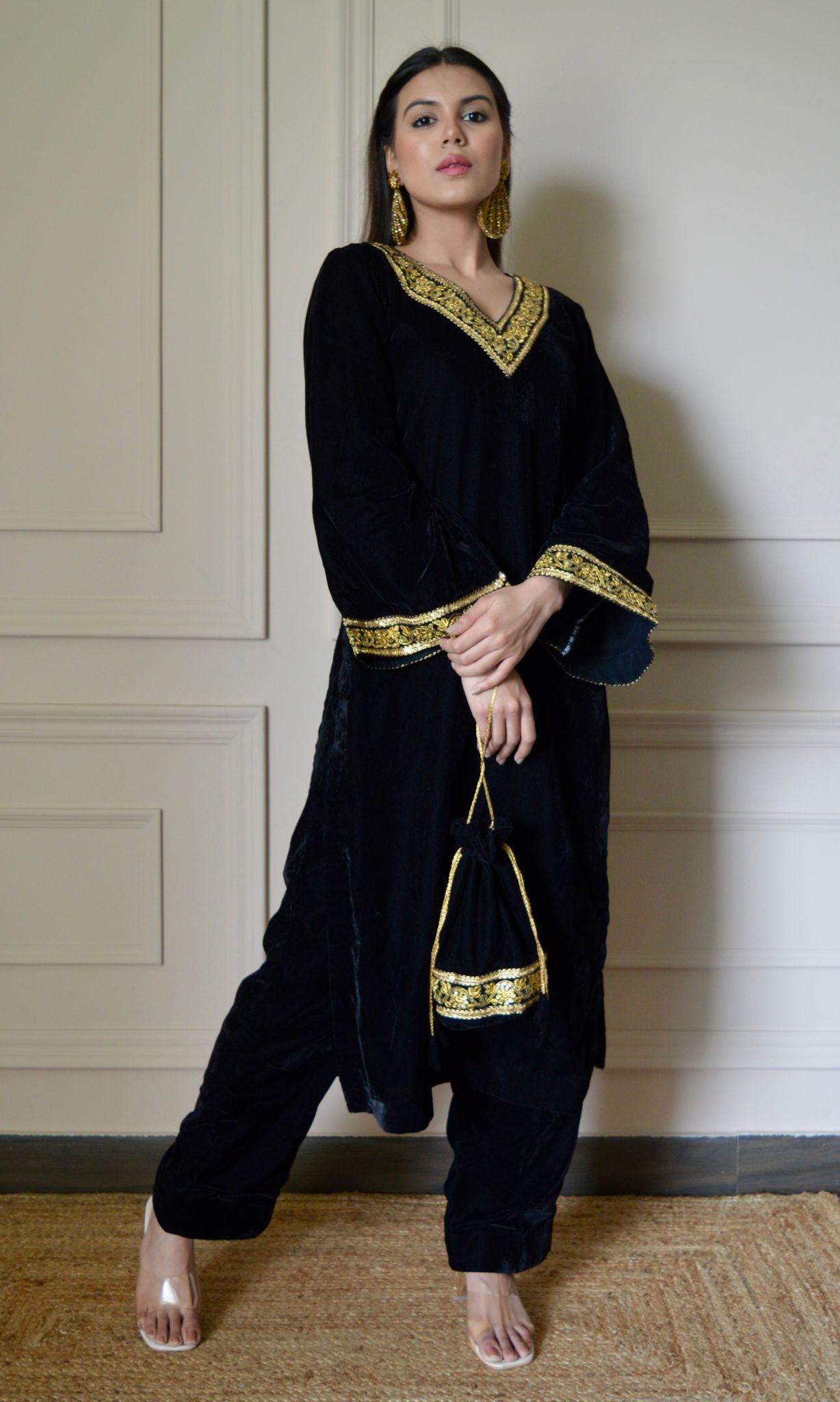 Black Velvet Kurta Set with Golden Lace V-Neckline and Bell Sleeves-XXS