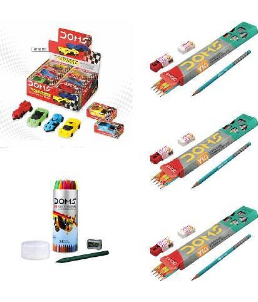 Doms Sports Car Eraser (Pack Of 12) + Y1+ Super Dark Triangle (3 Boxes) + Plastic Crayons Round Tin Pack 24 Shades