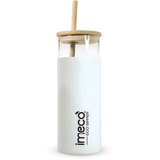 IMECO ECO-SIPPER Glass Sipper with Bamboo Straw (450 ml, White) BPA Free, Leakproof  Eco-Friendly Stylish, Lightweight