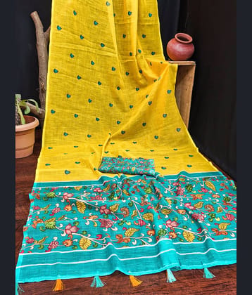 ANAND SAREE Cotton Blend Printed Regular Saree With Unstitched Blouse Piece ( Yellow )