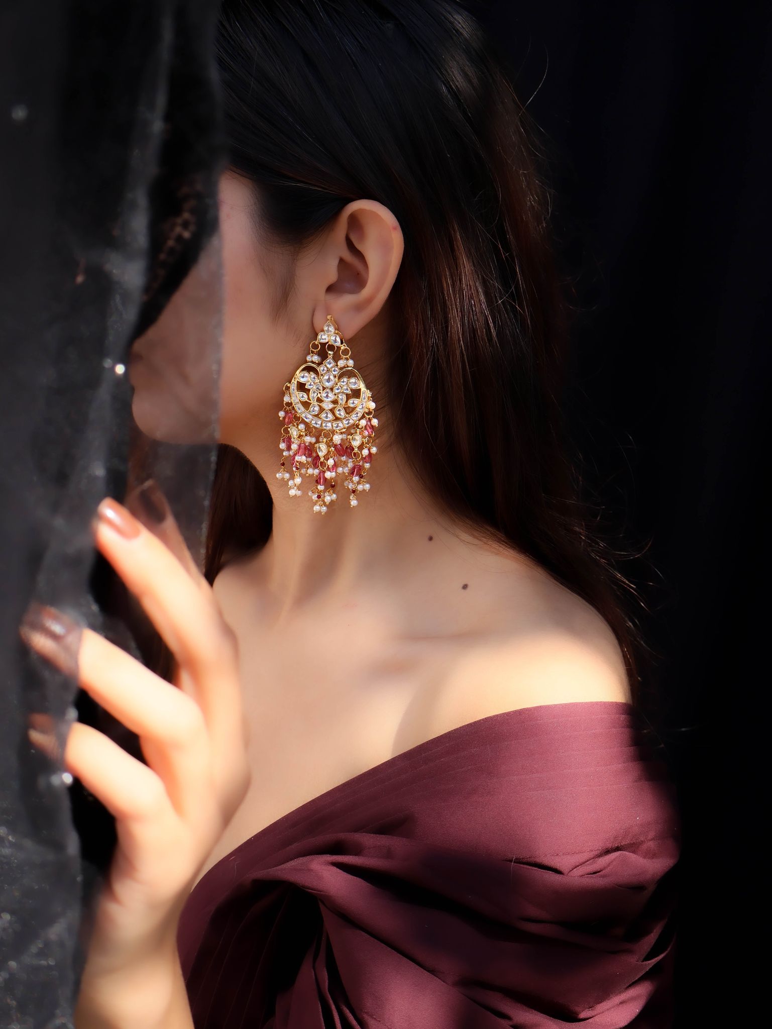 Reeha Pink Chandbali Earrings-Pink