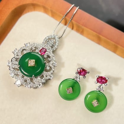 Green Pink White Silver Cubic Zirconia Anti Tarnish Pendant Earring For Women-Pendant Earring Set