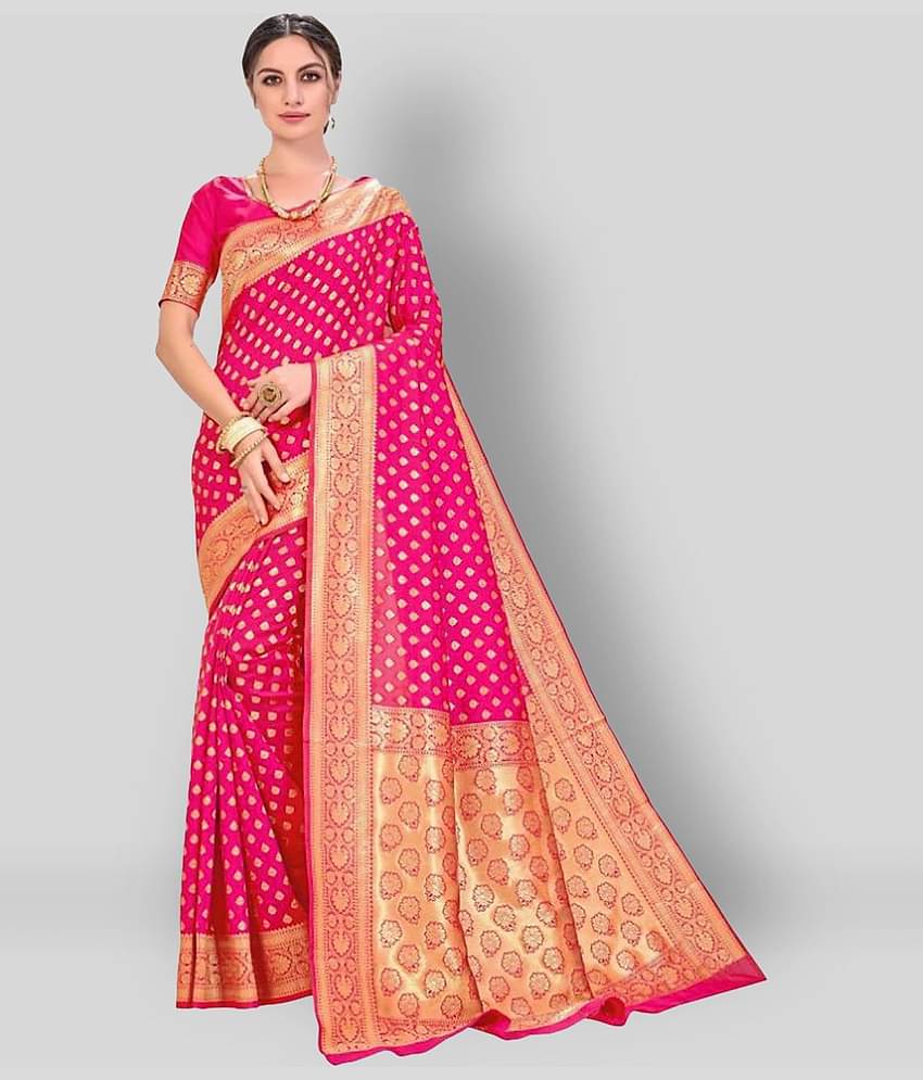Dressy Banarasi Silk Printed Saree With Unstitched Blouse Piece ( Pink )