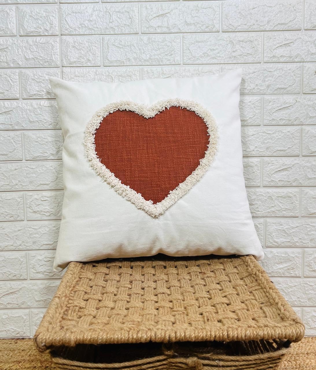 Indihomecraft Handicraft Cotton Cushion Cover - Hand Stitched Embroidery Decorative Art Boho Pillow Heart Shape Hand Made Pillow Cover | Hand Stitch Square Shape 18X18 Inches Cushion Cover, Set of 1