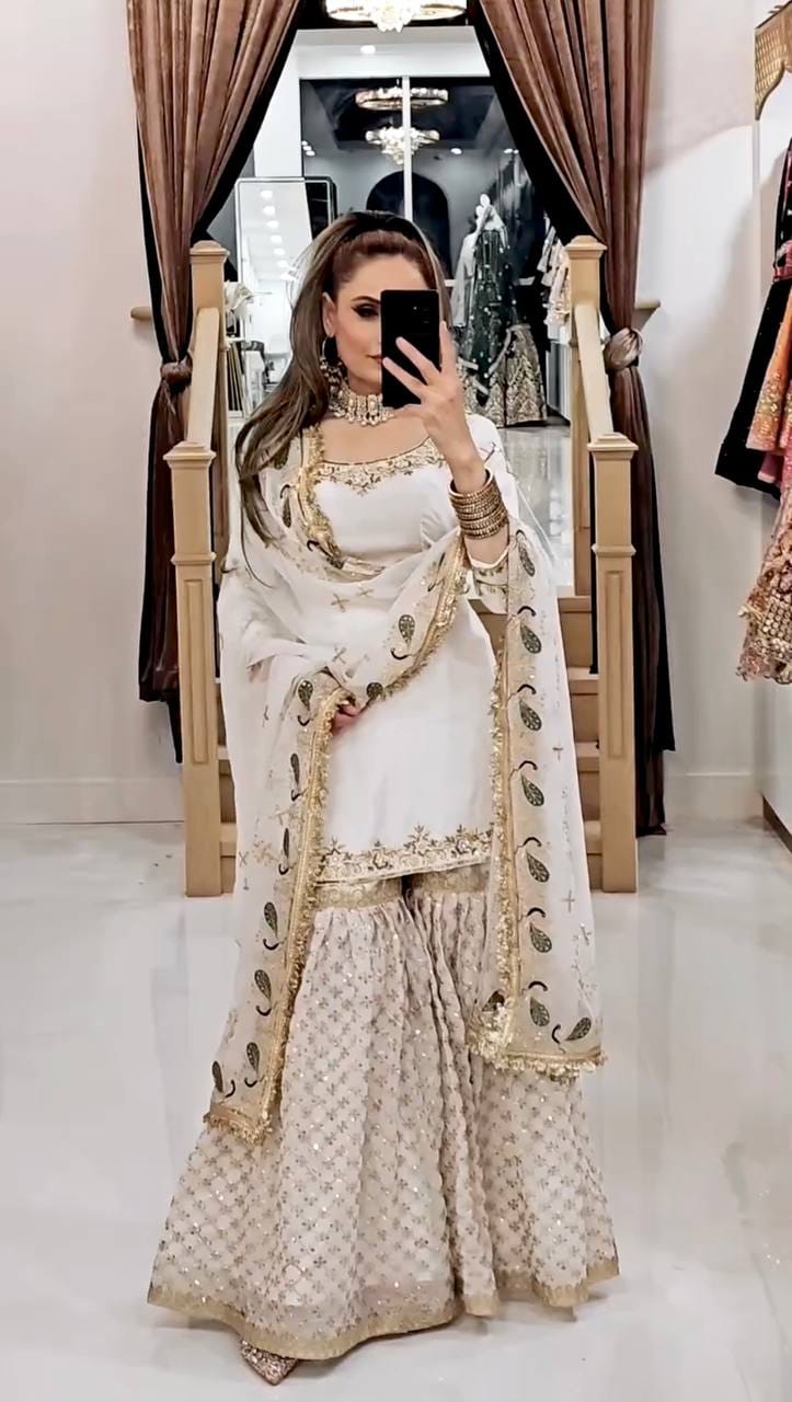 Party Wear Look Top-Plazzo and Dupatta With Embroidery Work-M