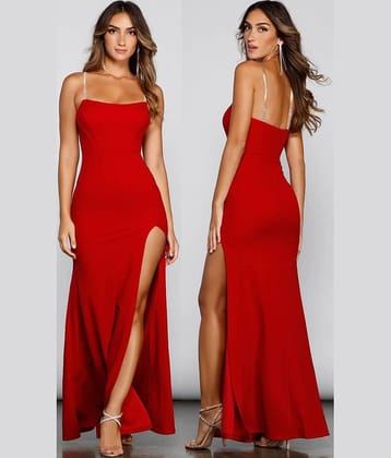 Traquila Women Lycra Solid Side Slit Dress ( Red )