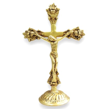 Brass Cross with Jesus Statue for Home Prayer Room & Gifting, Height : 11 Inch (BSMAS1940 C)