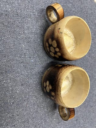 Handcrafted Bamboo Tea Cups Set, Natural Wood Finish, Traditional Style, 2 Piece Set