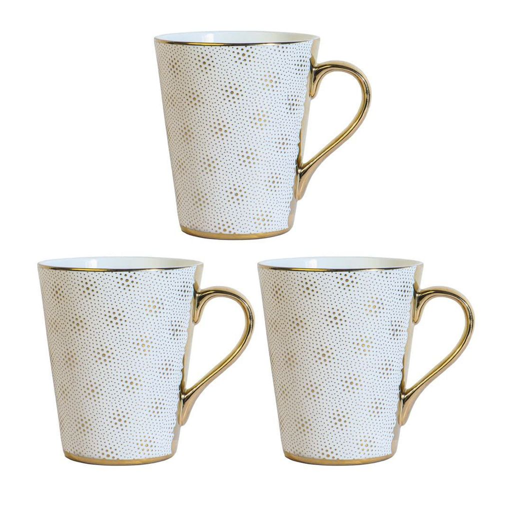 Femora Fine Bone China White-Golden Coffee Mugs, Tea Mugs, Ceramic Tea Cups (330 ml, White/Golden) - 3 Pcs Set