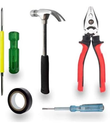 Aldeco Hand Tool Kit Heavy duty Grip Plier (Pilash), Claw Hammer, 2in1 Screw Driver Set, Tester & Tape. Tools For Domestic & Industrial Purpose.
