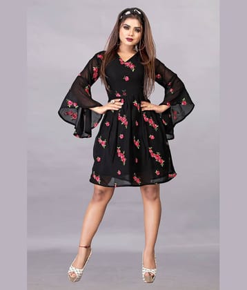 JULEE Women Georgette Printed Fit & Flare Dress ( Black )