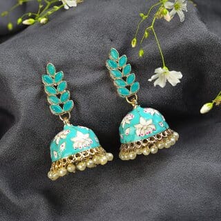 Designer Blue Leaf Style Meenakari Jhumki Earrings Set