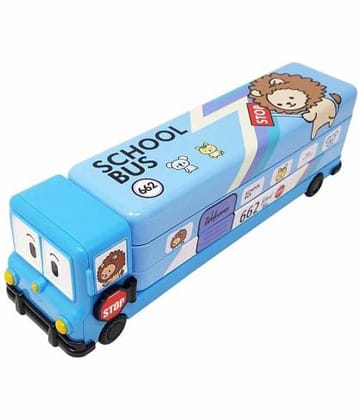 BLUE Magic Bus Shape with Rotating Wheels Art Metal Pencil Box  (Set of 1, Blue)