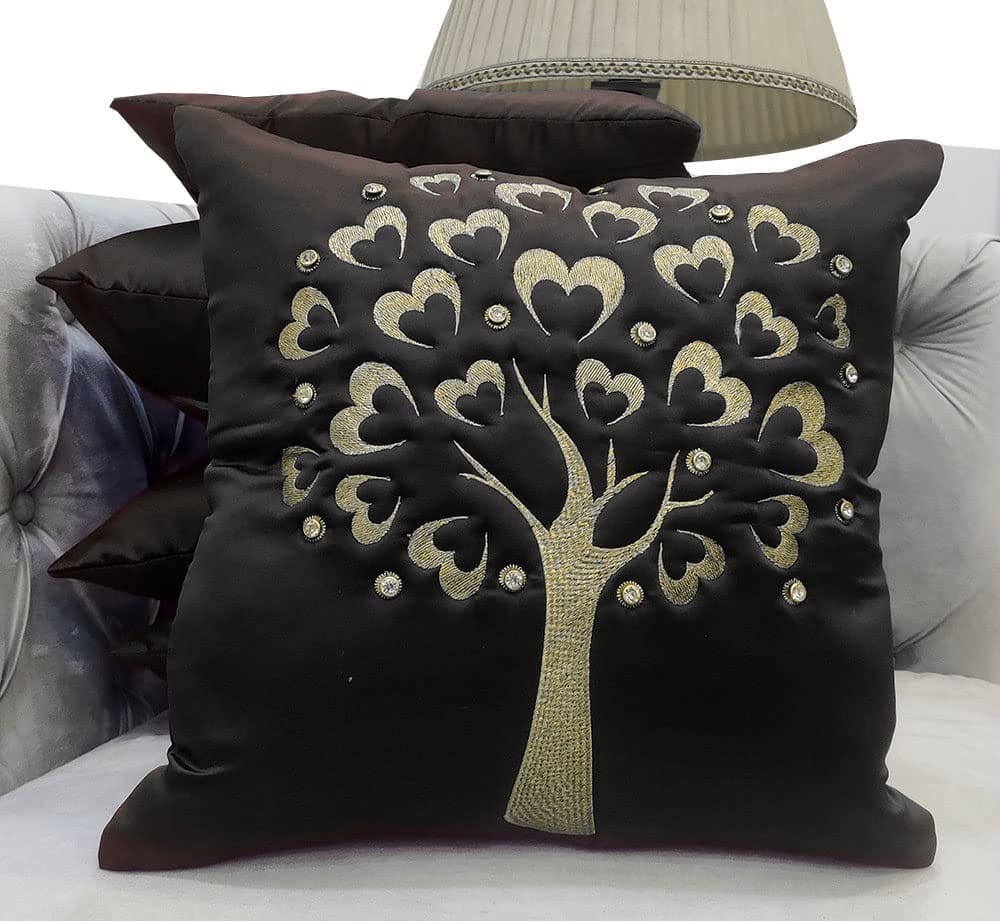 GOODVIBES Black Gold Embroidered Velvet Cushion Case Luxury Modern Throw Pillow Cover Decorative Pillow for Couch Living Room Bedroom Car| 16X16 Inches | 40cm * 40 cm I Set of 5|