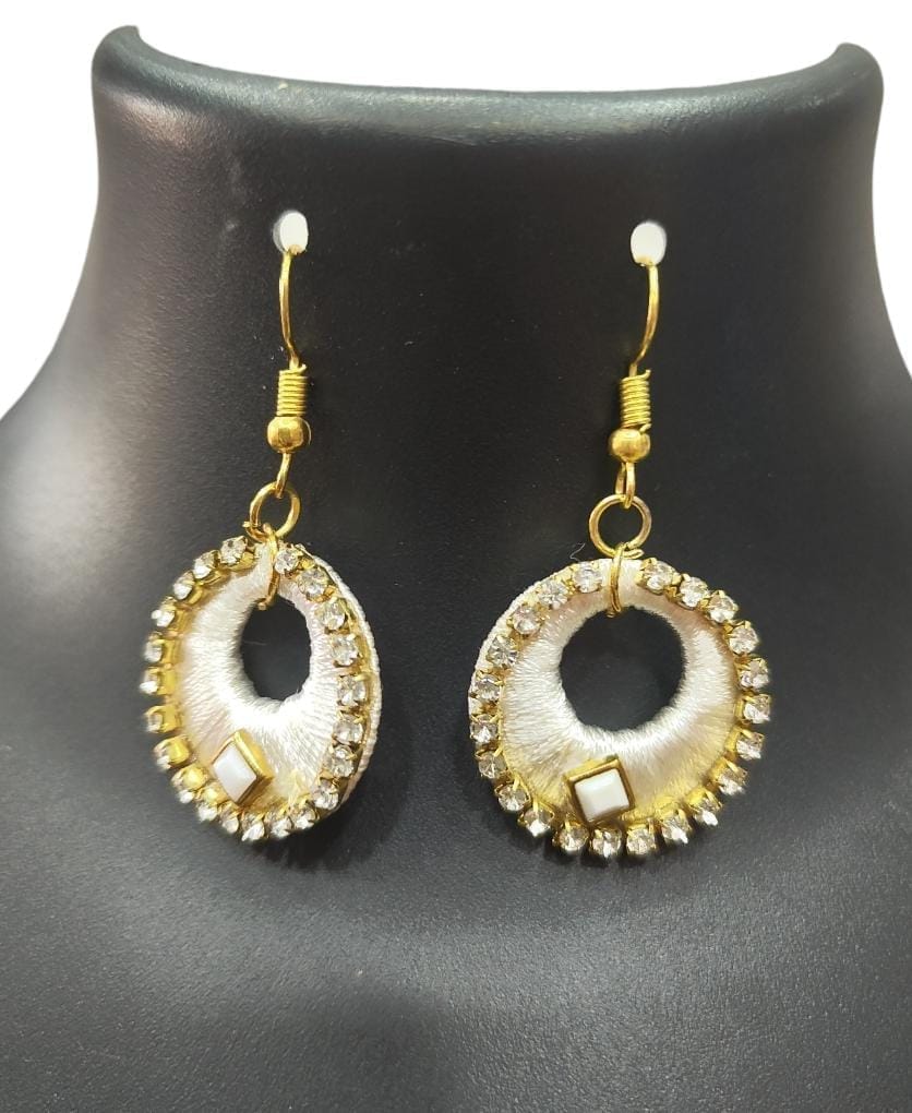 White and Gold Hoop Earrings with Rhinestones