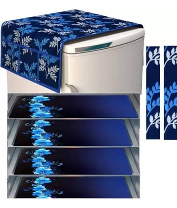 Crosmo Polyester Floral Printed Fridge Mat & Cover ( 64 18 ) Pack of 7 - Blue