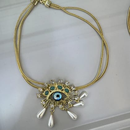 Evil Eye Blue Cubic Zirconia Pearl 18k Gold Anti Tarnish Snake Necklace Pendant Chain For Women-Blue