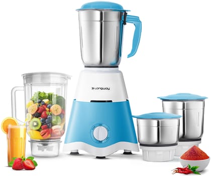 Longway Supreme Dlx Juicer Mixer Grinder | Up to 750W Max Output Powerful Motor | 4 Jars for Grinding, Mixing, Juicing | 2 Year Warranty | White & Blue Longway Supreme Dlx Juicer Mixer Grinder | Up to 750W Max Output Powerful Motor | 4 Jars for Grinding,