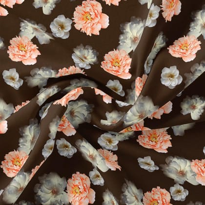 Blooming Orange Roses With Grey Digital Printed Fabric - Silk Crepe