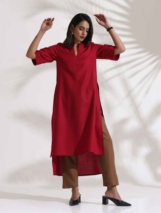 trueBrowns Maroon Slub Highslit Kurta Set - Maroon  (M)