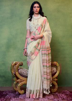 Creamy Fresh Woven Design Zari Pure Cotton Saree