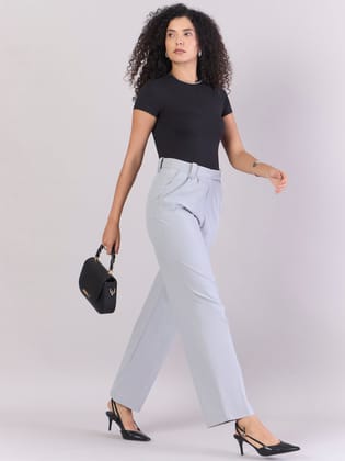 Women Light Grey High Waist Pleated Trouser-XS
