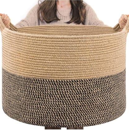 Generic Cotton Pack Of_1 16x14 Inch Storage Basket For Clothes With Out Lid (Beige-Beige-Black)-PID66399