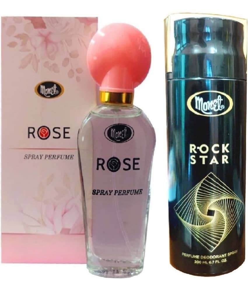 Monet 1 ROSE PERFUME,1 ROCKSTAR DEODORANT Deodorant Spray & Perfume for Men,Women 230 ml ( Pack of 2 )