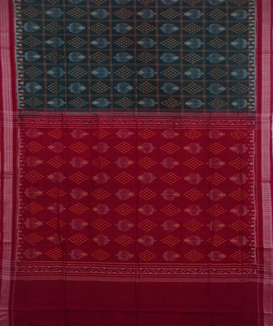 Green and maroon sambalpuri handwoven cotton saree