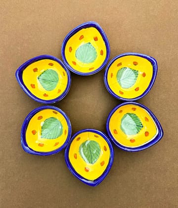 Blue Pottery Leaf Design yellow Diya - Set of 6