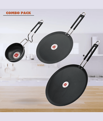 LAZYWINDOW Tawa & Tadka Pan Black Iron No Coating Cookware Sets ( Set of 3 )
