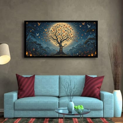 Luminary Moonlit Migration – Enchanted Flight Tree Museum-Quality Cotton Canvas Art for Living Room Décor | Frame Size (127 X 69 Cm) | Frame Type (Black) | 5-Year Warranty