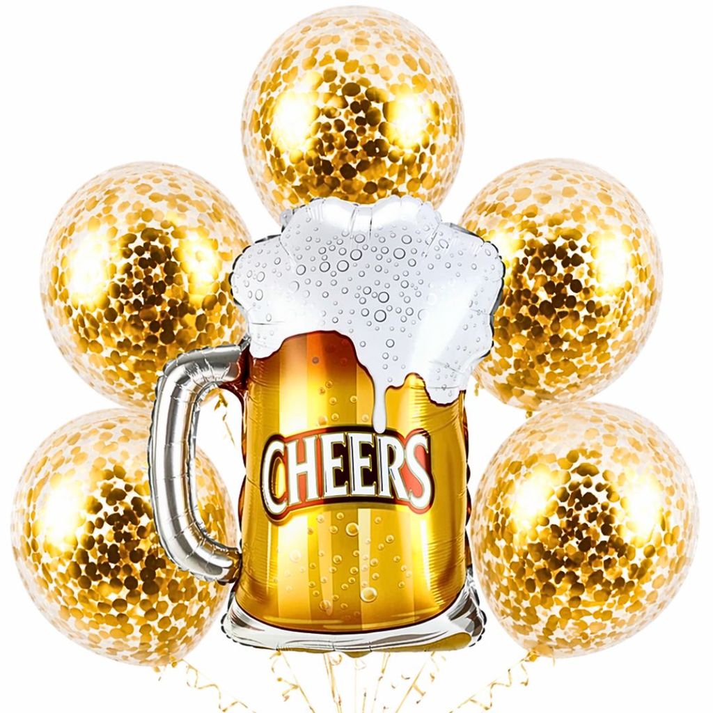 Cheers Beer Mug Supershape Foil Balloon Set of 6 for Celebration Decoration | Beer Mug Balloon + Gold Confetti Balloons - Party and Festive Needs | Buy online on ZillyBuy