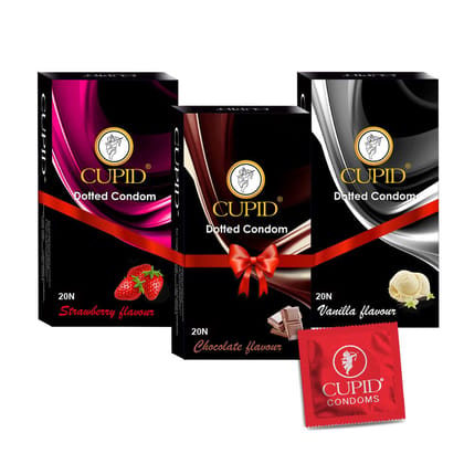Cupid Dotted & Flavoured Condoms Chocolate, Strawberry & Vanilla Flavour (Pack of 3) | Lubricated & Multitextured Condoms | For Her Enhanced Pleasure | Pack of 3, 20 Pcs Each