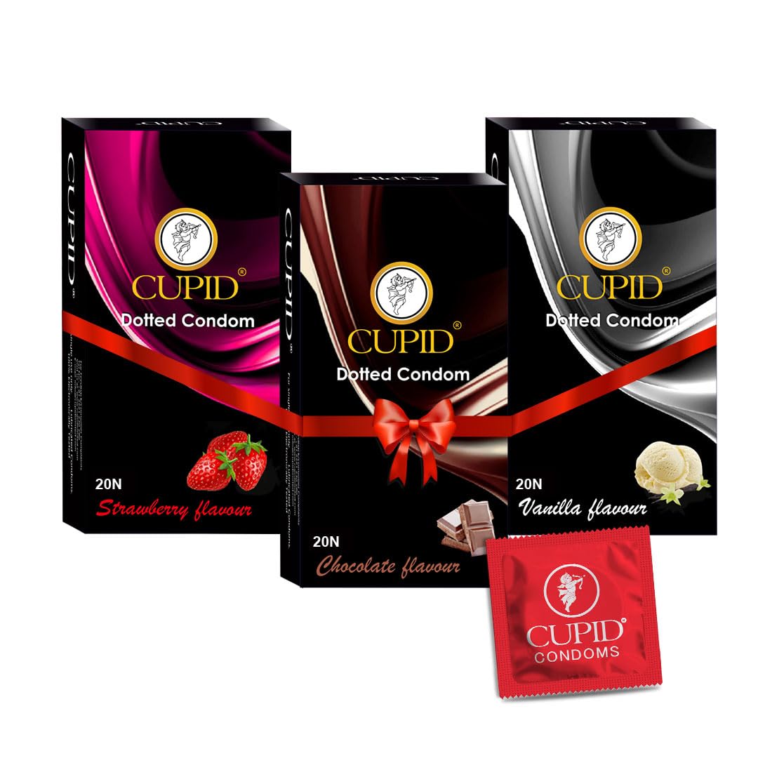 Cupid Dotted & Flavoured Condoms Chocolate, Strawberry & Vanilla Flavour (Pack of 3) | Lubricated & Multitextured Condoms | For Her Enhanced Pleasure | Pack of 3, 20 Pcs Each