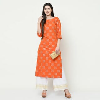 SVB Orange Colour Party Wear Foil Print Kurtis With Plazzo