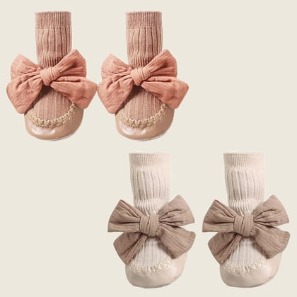 Pack of 2 Baby Bow Socks-0-6 Months- S / Coffee Milk & Peachy Orange