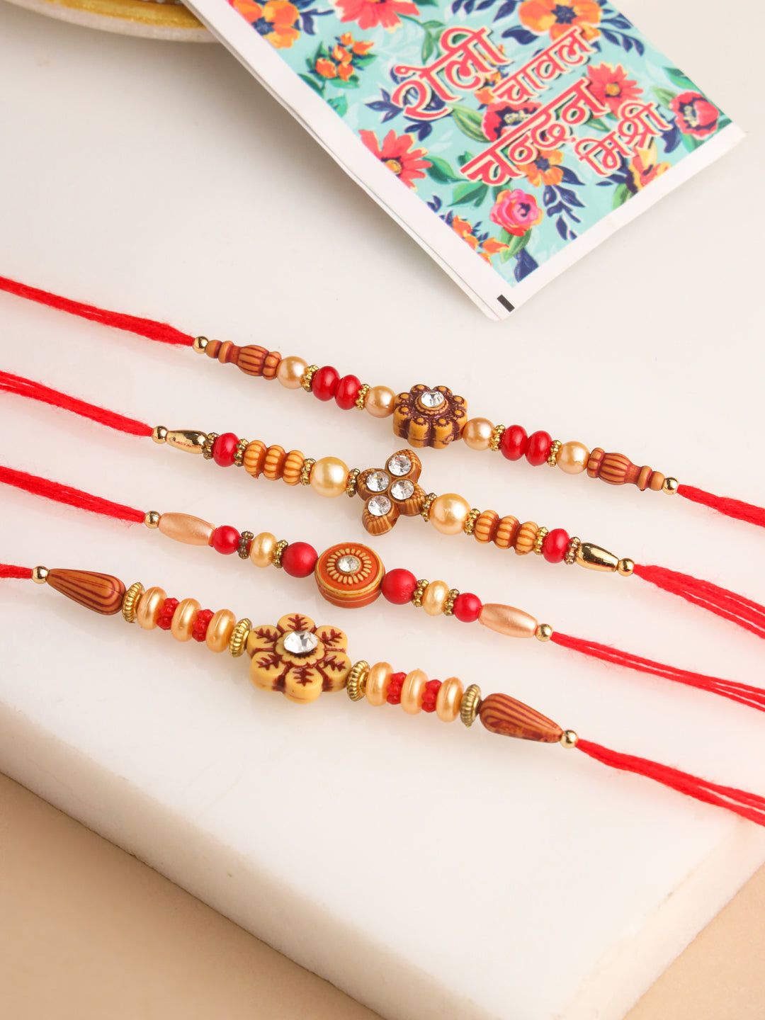NVR Men Set of 4 Red Artificial Stones & Beads Floral Shape Thread Rakhi with Roli Chawal Chandan & Mishri-One Size / Red