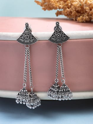 NVR Women Silver Toned Oxidized German Silver Jhumka Earrings-One Size / Silver / German Silver