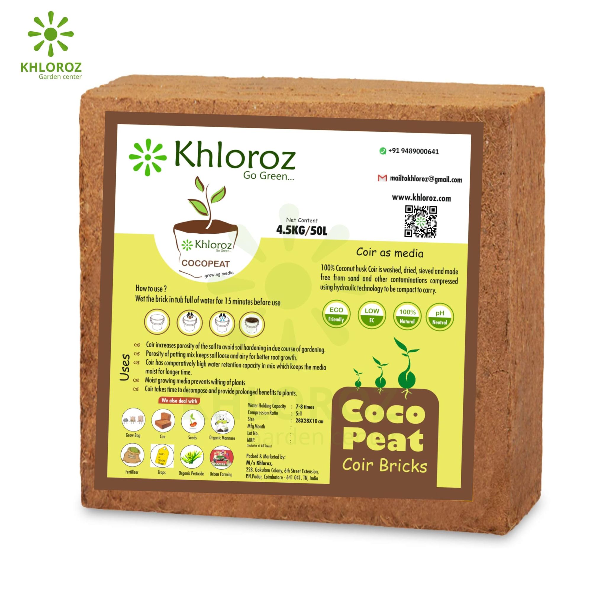 Khloroz Cocopeat for Plants (5kg) | Organic Bricks for Plants | Low Ec Coir Blocks| Premium Eco Friendly