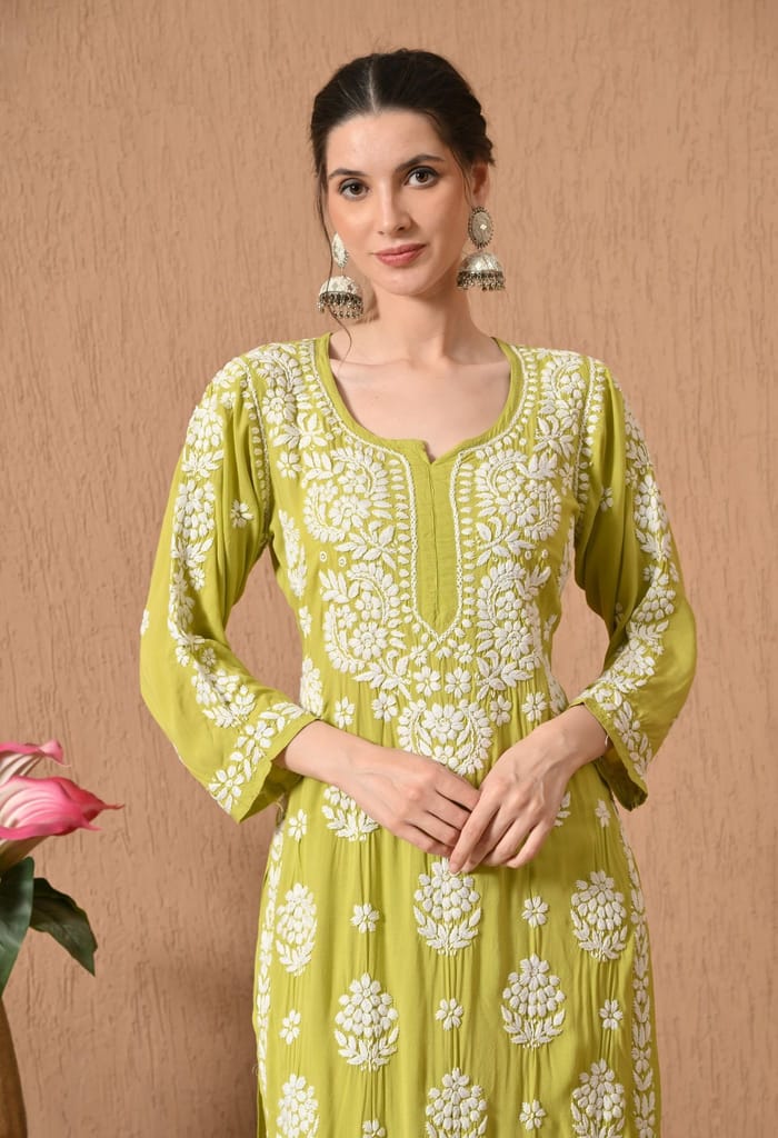 Hand Embroidered Chikankari Modal Plazo Set with 3D Floral Work-Sea Green