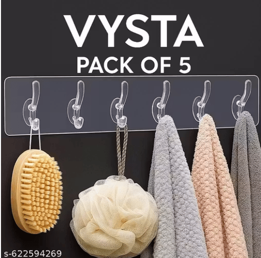 VYSTA Premium 6 Hook Adhesive Strip | Clear Waterproof Hooks for Bathroom & Kitchen Organization (Pack of 5)