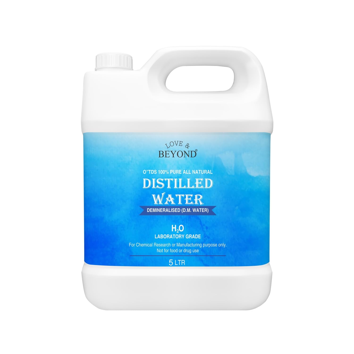 Love & Beyond Distilled Water, 5 L - Laboratory Grade Certified - Demineralised Purification Softener DM Water for Soap and Cosmetics, Batteries, Car, Ironing