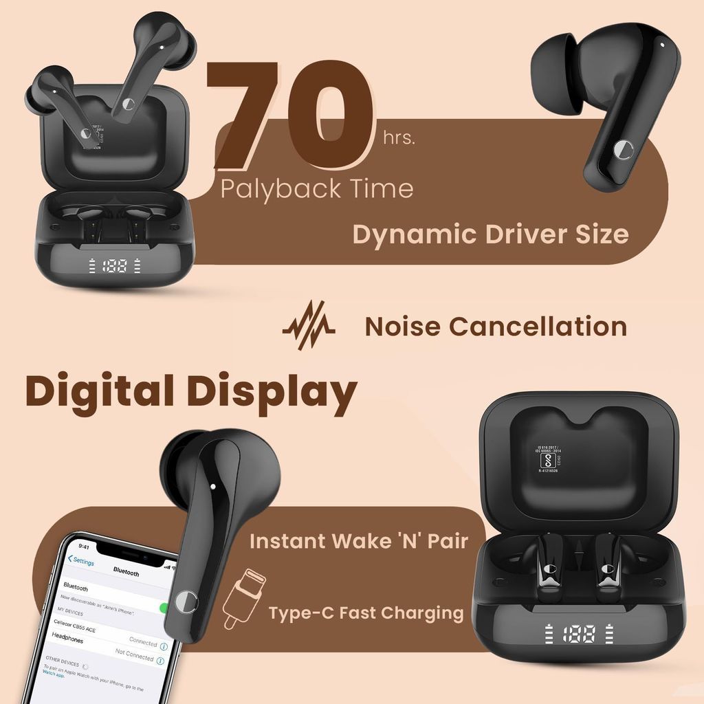 CELLECOR BroPods CB55 ACE TWS with 70 Hours Playtime | Instant Wake 'N' Pair | HD Sound | 5.3V Bluetooth | Digital Display (Black)