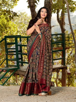 Dark Blue Soft Linen Floral Printed Saree