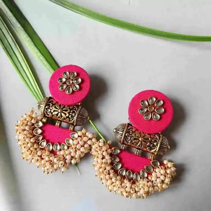 PINK FEBRIC JUMKHA EARRINGS WITH PEARLS AND STONES (PACK OF 1)