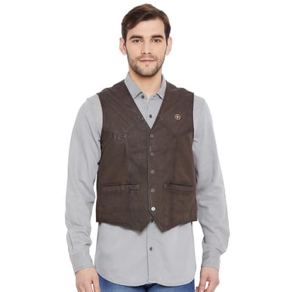 Dark Brown Collarless Leather Vests By Bareskin-L