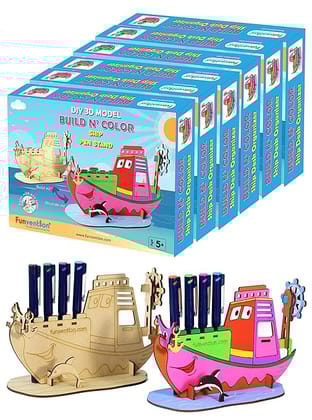 Funvention Ship - 3D Coloring Model (Pack of 6) - DIY Desk Organizer Pen Stand - STEM Leanring 3D Puzzle Toy - Art, Coloring and Painting Kit for Kids - Birthday Return Gift,DIY Party Pack for Kids