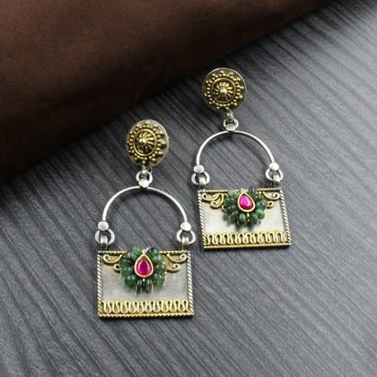 Jaipury style rectangle shaped Natural Emerald Jhumka with two tone made in 925 Silver